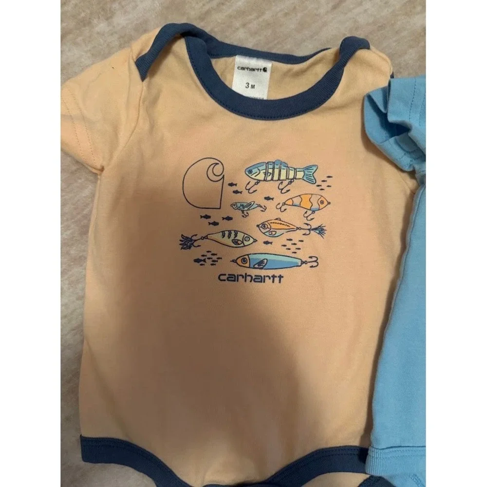 Carhartt Baby Boys 3M Bodysuit Set Blue Pocket Peach Fishing Lure 2 Pack